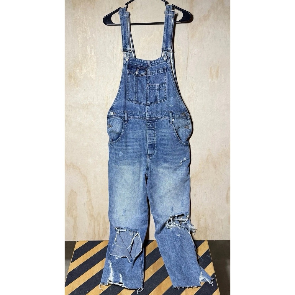 Free People We The Free Womens 28 Distressed Denim Overalls Ripped Jeans Bib Y2K
